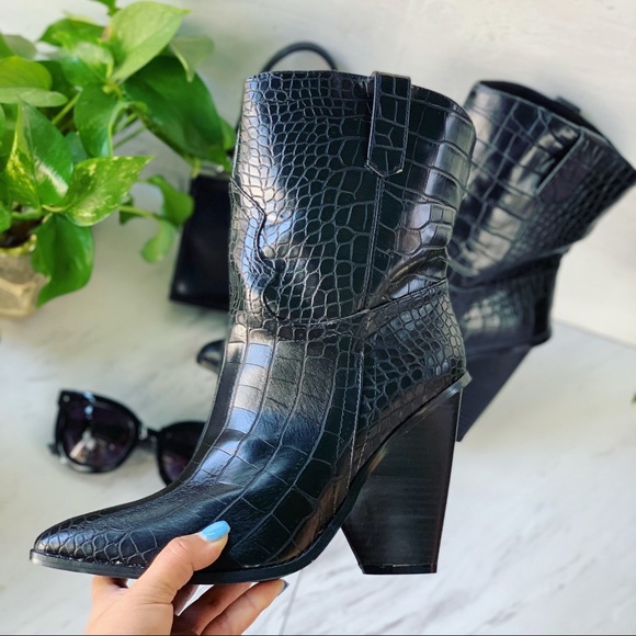 Black Western Faux Leather Cowboy Croc Boots - Picture 2 of 6